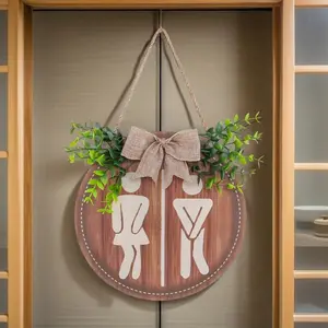 Wooden Toilet Sign WPC Material Brown Color Farmhouse Bathroom Scene Room Home Office Decoration