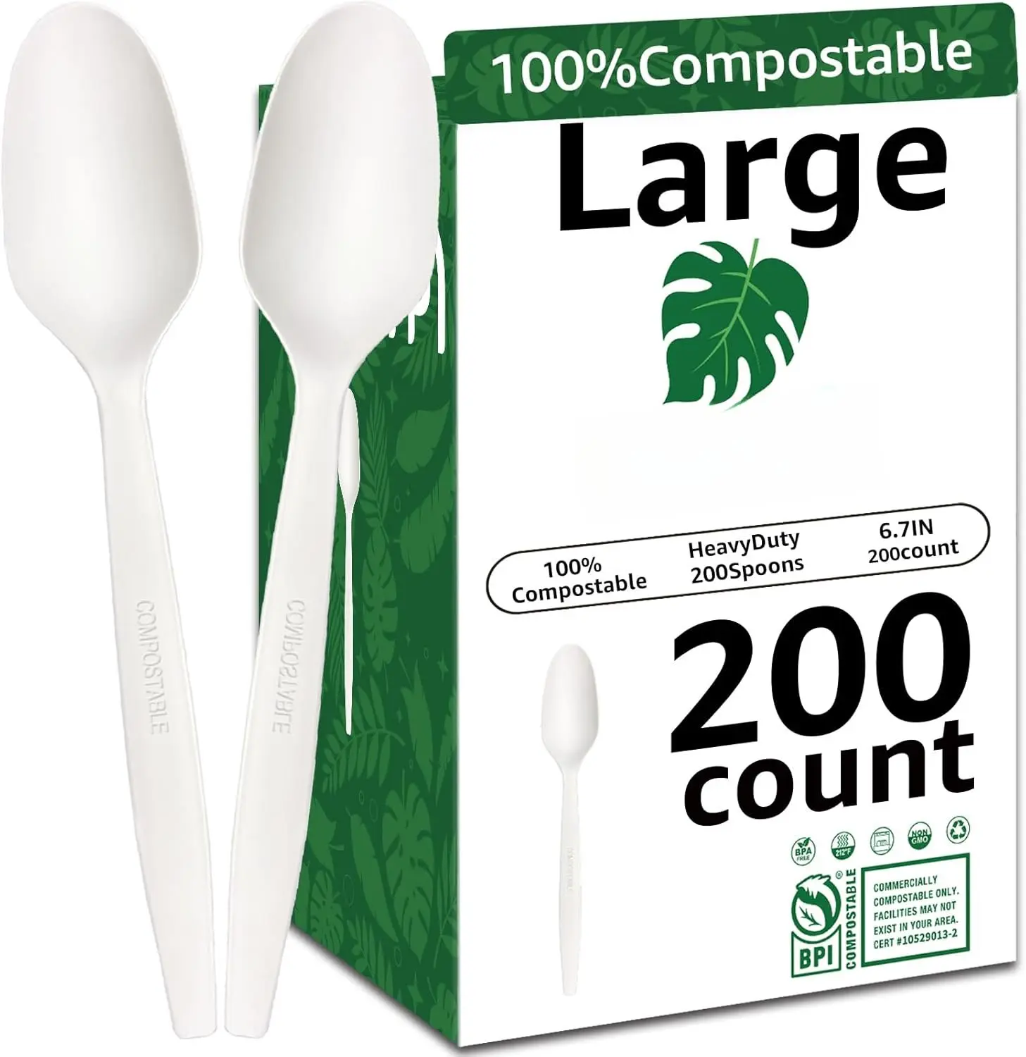 [6.7In 200 count]  Compostable Spoons Biodegradable Spoon HeavyDuty No Plastic Spoons  HeavyWeight Disposable Spoon Tableware Set for Lounge,Party,BBQ,Cafeteria,Wedding,Picnic