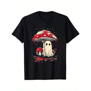 Halloween Mushroom Graphic T-Shirt, Polyester Blend, Crew Neck, Loose Fit, Street Style, Non-Woven Fabric, with Slogan Pattern for Festive Costume Tee, Halloween Costumes