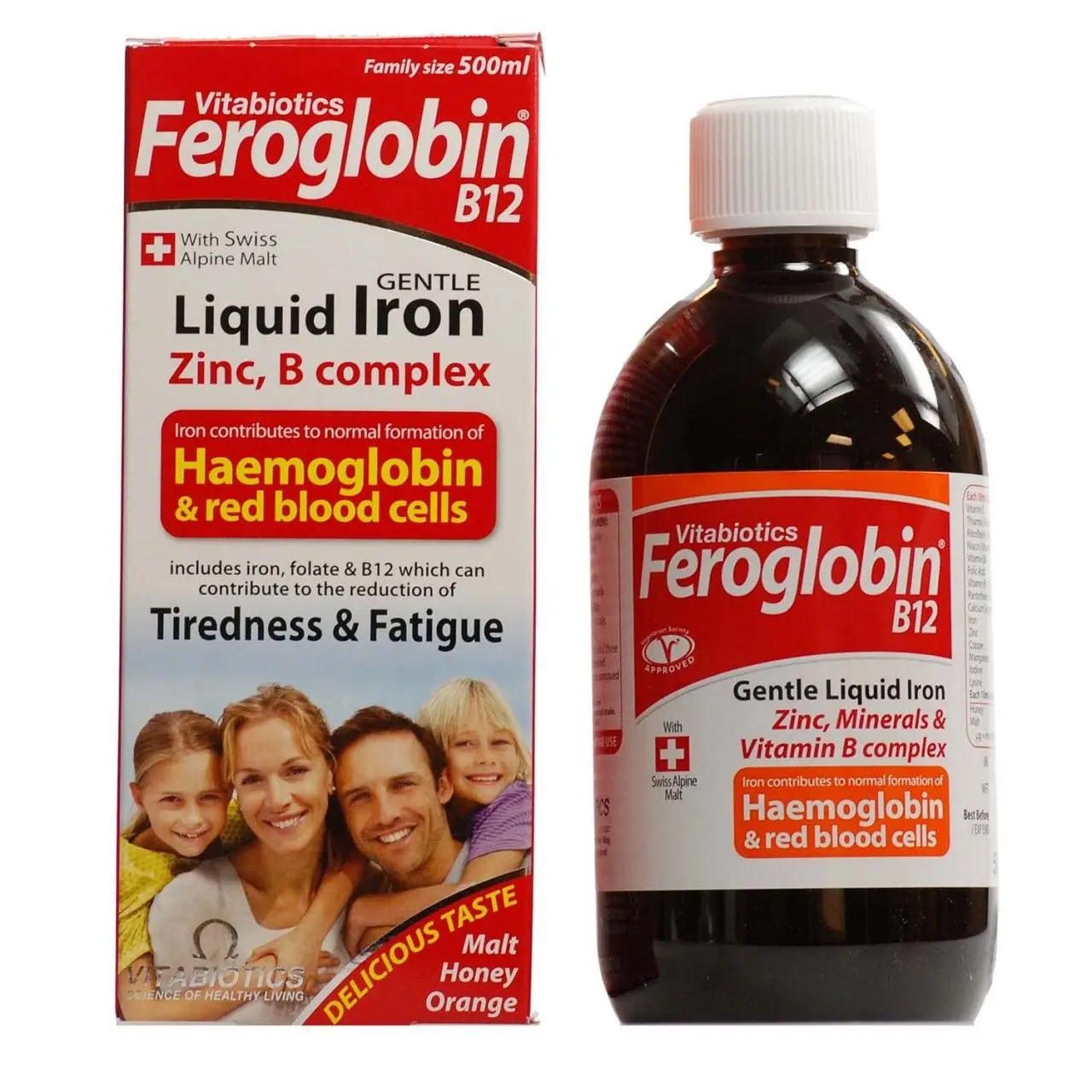 Vitabiotics Feroglobin Liquid Vitamin Dietary Supplement - Natural B Complex Blend, B12, Iron, Zinc, Fruit Flavor, Energy Stamina Support, Immunity Boost, Blood Pressure Control - 16oz