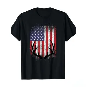 Men's Deer Hunting American Flag White Tail Antlers Short Sleeve T-shirt Blouse-Casual Crew Neck, Machine Washable, Casual Wear | round-Neck Shirt | Cotton Fabric, Hunting Equipment, Unisex Casual and Comfortable Tops womens
