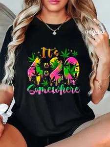 100% Cotton Unisex It’s 4 20 Somewhere Weed Leaf Smoking T-Shirt Casual Graphic Printed Tee