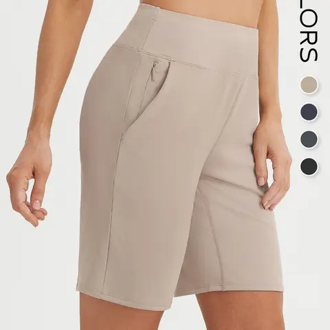 BALEAF Women's Bermuda Shorts 9" Knee Length High Waisted Long Shorts with Zipper Pockets, Active Athletic Golf Shorts for Women, Tummy Control Multi-Purpose Lightweight Stretch UPF 50+ Sun Protection for Walking Travel Running Hiking Gym Workout Teacher