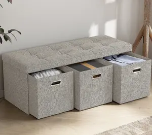 Foldable Storage Long Bench Ottoman with 3 Drawers 40L x 15W x 15H Tufted Design for Entryway Living Room Bedroom Portable Fabric Construction