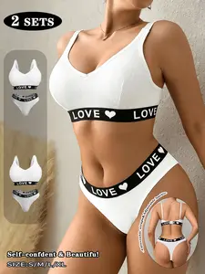 1/2/3/4SETS Letter Graphic Tape Lingerie Set, Ribbed V-Neck Bralette & Thongs, Sexy Back Design Underwear, Trendy Workout & Lounge Wear
