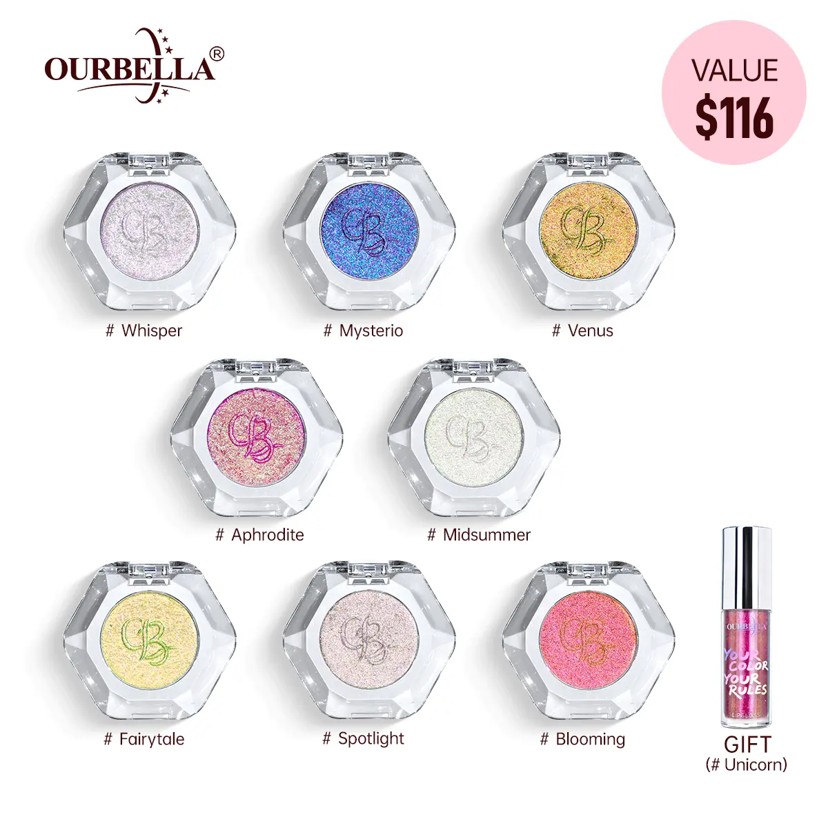 Ourbella Multichrome Single Eyeshadow All In 8 Colors Bundle-Eyeshadow Set With Gifts, Iridescent Shimmer Makeup, Color-Shifting Eyeshadow, Long-lasting Metallic Talc Free Eyemakeup