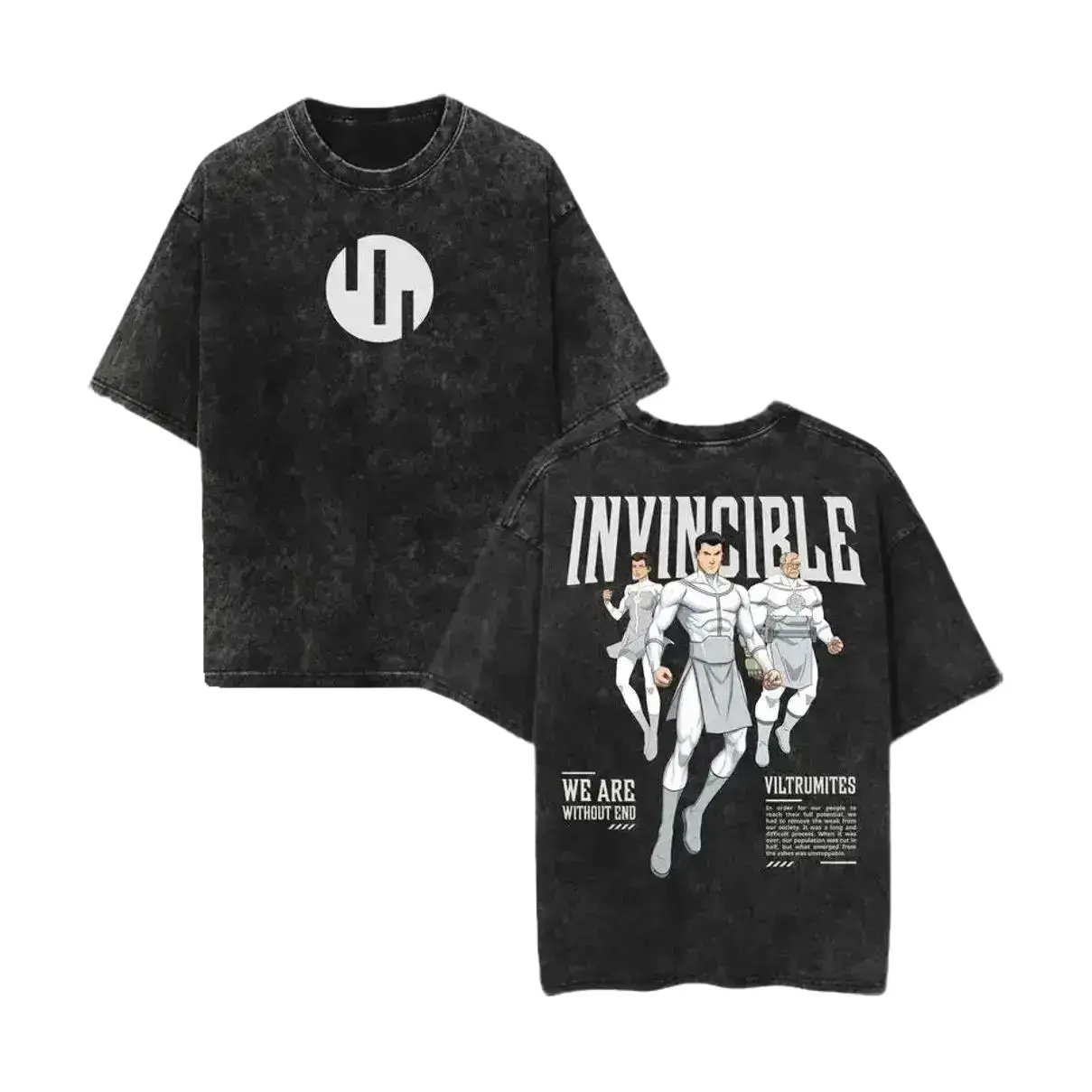 Invincible Viltrumites Double-Sided Vintage Washed T-Shirt, We Are Without End Graphic Tee, Oversized Heavy Cotton Comic Streetwear Shirt, Retro 90s Unisex Casual Gym Top