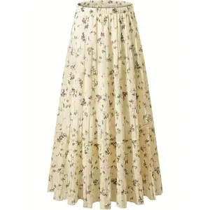 [Elegant Skirt] FENGBAY Women's High Waist Pleated A-Line Skirt | Elegant Floral Print, Lightweight Polyester, Cream with Small Floral Patterns, Perfect for Spring/Summer/Fall