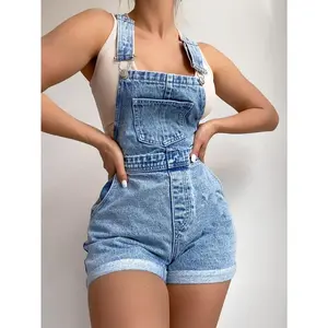 RollUpHemDenimOverallRomperWithoutTankTopFitBlueCottonSleeveWomenswearJumpsuitwomenShortsDungarees