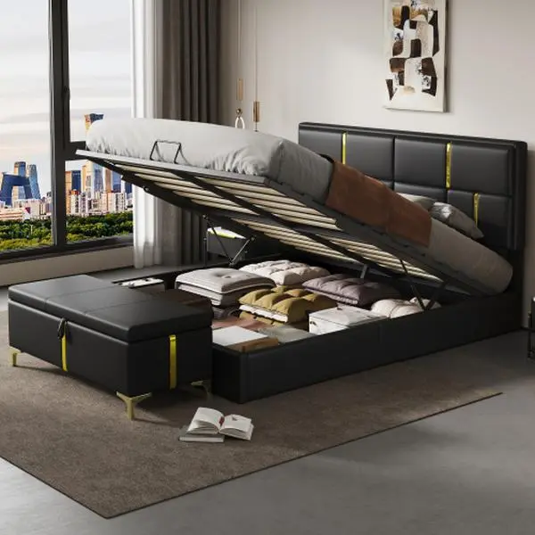 Bellemave  2-Pieces Bedroom Sets,Queen Size Upholstered Platform Bed with Hydraulic Storage System,Storage Ottoman with Metal Legs