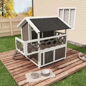 2-Story Outdoor Cat House with Balcony, Insulated & Weatherproof Wooden Feral Cat Shelter with Asphalt Roof, All-Round Insulation Outside Cat Condo for Cats and Small Animals