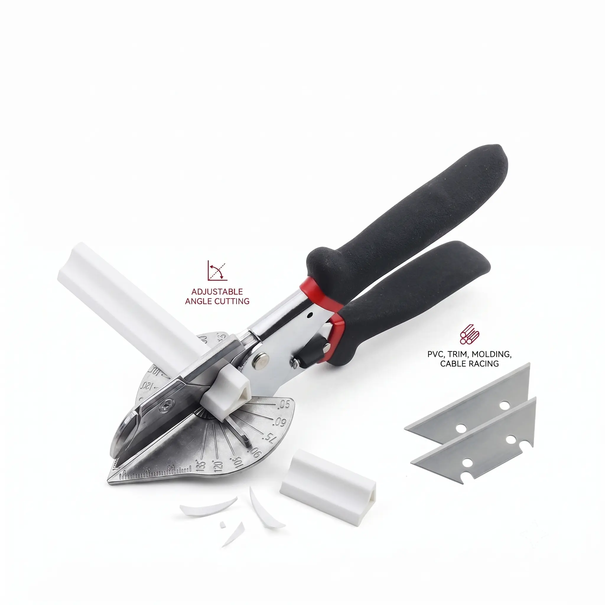 Multi-Angle Miter Shear Cutter with Adjustable Cutting Angle (45°-135°), Steel Blade, Safety Lock, Comfortable Operation, Easy Storage & 2 Replacement Blades for PVC Molding, Wood Trim