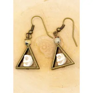 Hand Carved Skull Patinated Brass Earrings