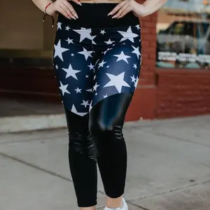 Black Stars W Black Liquid Faux Leather Spandex Leggings