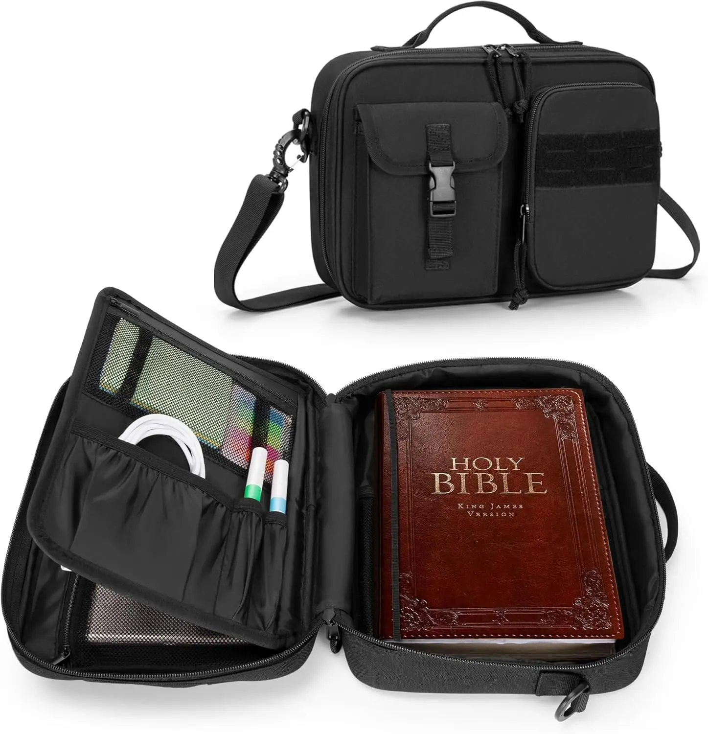 Men's Black Worship Briefcase - Multi-Pocket Luggage Bag with Top Handle, Adjustable Strap, Book Organizer, Multifunctional Stationery Holder, Office Organizer, Desk Tidy, Stationery Storage Organizer, Church