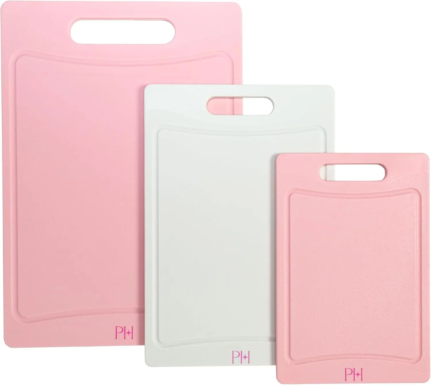 Paris Hilton Cutting Boards for Kitchen, Reversible Dual Sided Plastic Cutting Board Set with Juice Grooves, Easy Grip Handle, Heavy Duty and Made Without BPA, Dishwasher Safe, 3-Piece, Pink and Cream