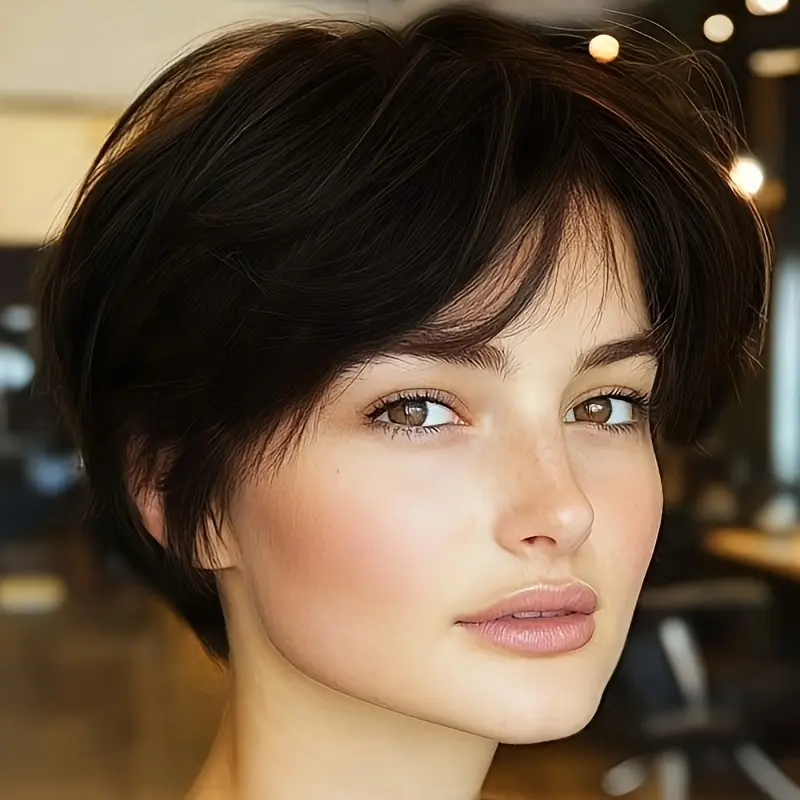 2025 New Wholesale Elegant Human Hair Pixie Wigs - Glueless Bob Wig, Layered Natural Straight Style with Layered Bangs, Lightweight Breathable Comfortable Women's Daily Wear Hairpiece