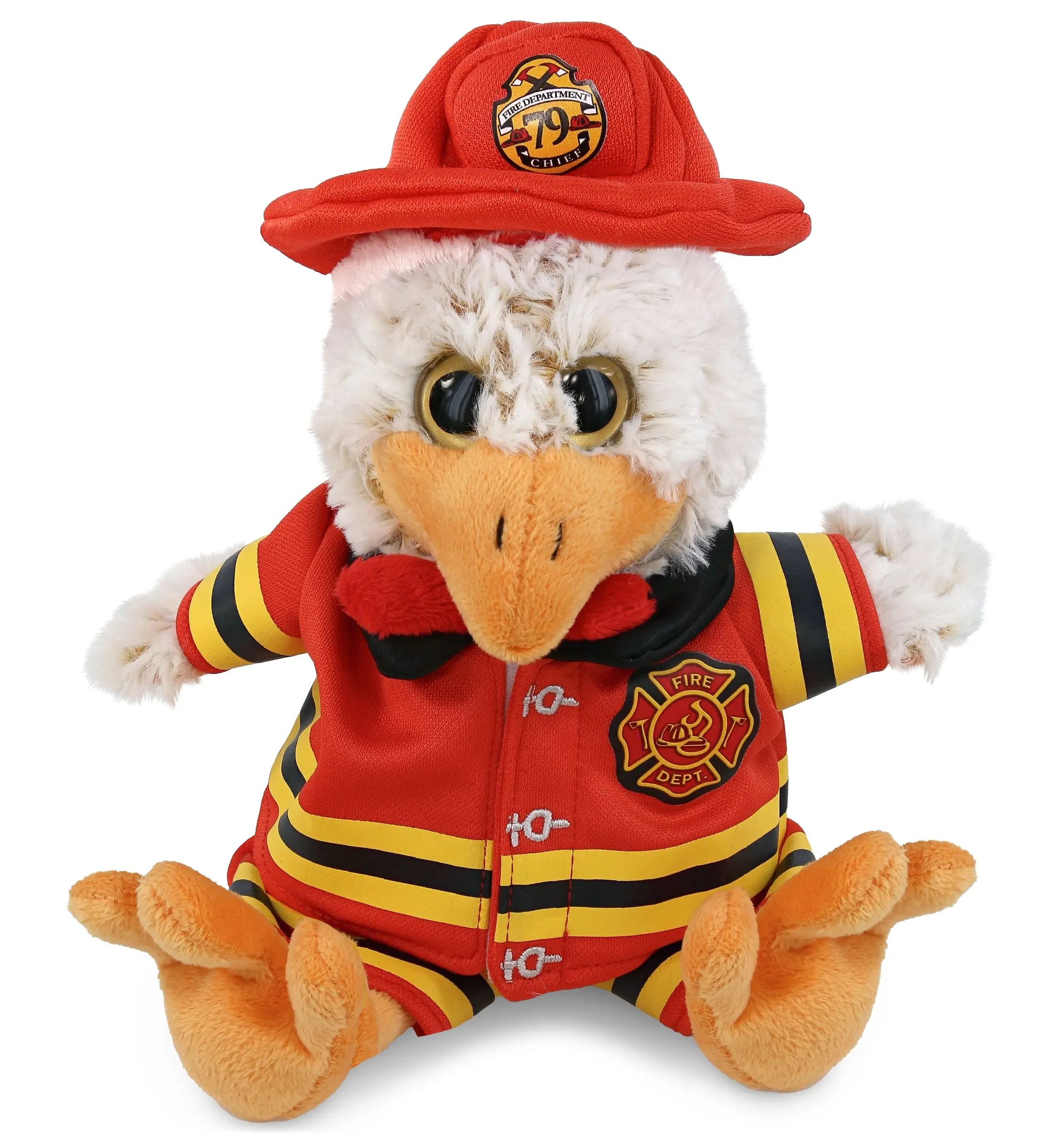 DOLLIBU Black Sitting Rooster Plush Toy - 100% Polyester Super Soft Stuffed Toy, Removable Fireman Suit, Pretend Play, Bedroom Decor, Hand Wash, 4l x 5w x 9h In, Ages 0+
