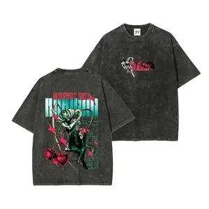 Menswear JoJo Bizarre Adventure Round Neck Oversized T-Shirt - Noriaki Kakyoin, Vintage Anime Graphic, Acid Wash Streetwear, Hierophant Green Stand Cherry Back Print, Heavyweight Cotton Classic Casual Harajuku Unisex Apparel, Premium Fabric Tee