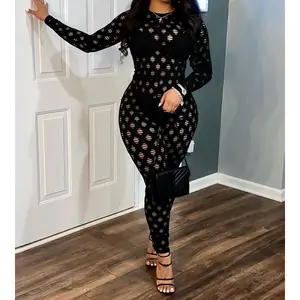 Hollow Zip-Up Jumpsuit, Sexy Form-Fitting Long-Sleeve Long Jumpsuit for Autumn/Winter, Women’s Clothing