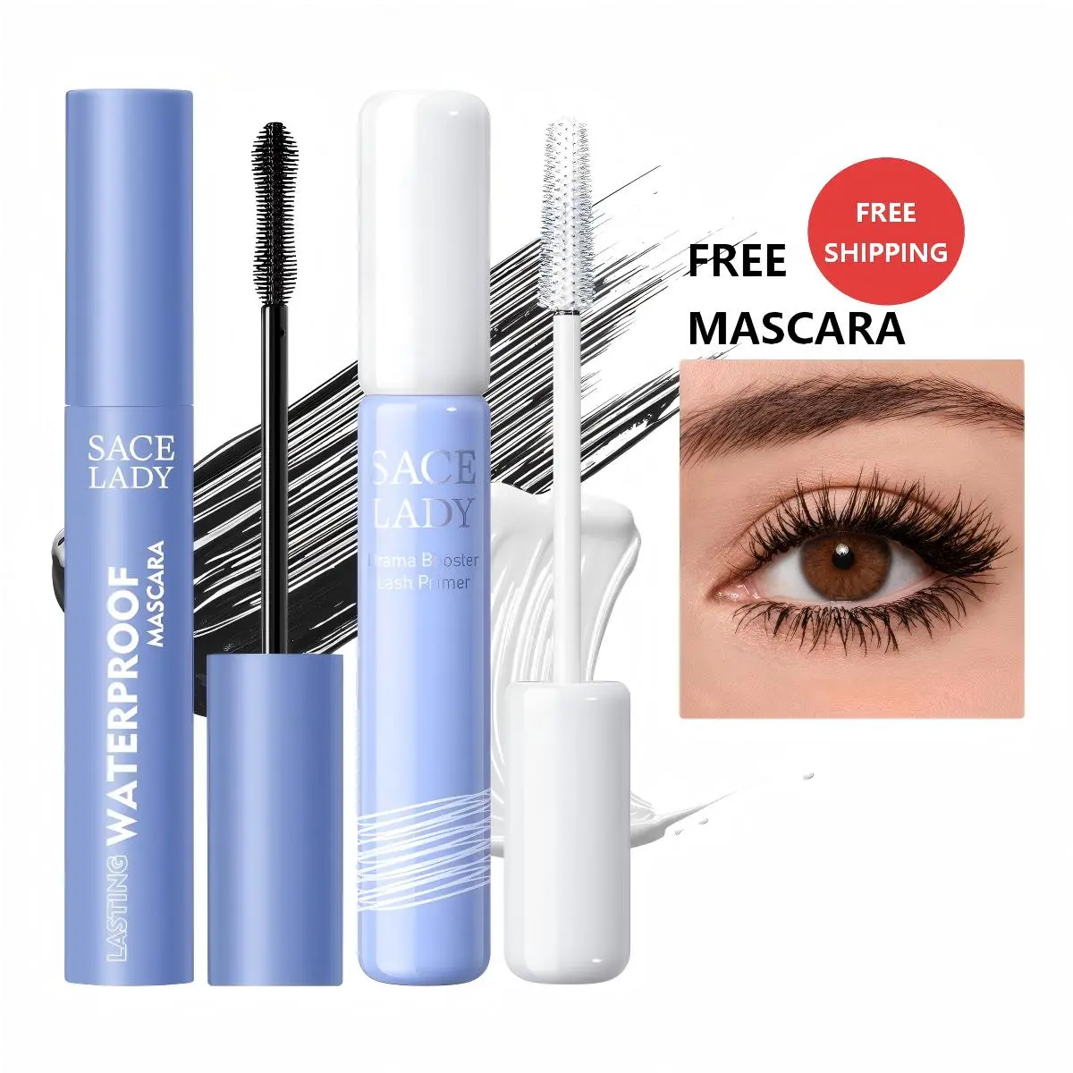 SACE LADY Lash Primer and Waterproof Mascara Set 2-in-1 Fiber Lengthening Volumizing Smudgeproof 24H Long Lasting Curling Eyelashes Makeup Kit