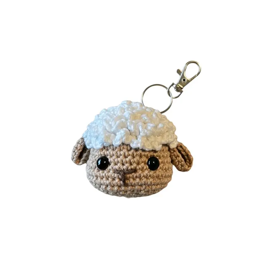 Handmade Crochet Sheep Keychain, 100% Cotton Fabric Figure with White Wooly Fur, Adorable Charm Accessory