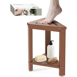 Teak Shower Foot Rest 15in, HDPE  Shower Stool for Inside Shower, Corner Shower Stool for Shaving  with Storage Shelf for Small Space, Shower Step Stool, Plastic Corner Shower Bench