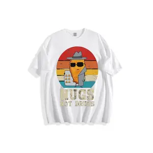 Vintage Retro "Nugs Not Drugs" Anthropomorphic Chicken Nugget T-Shirt - Fedora Hat Sunglasses Trench Coat Graphic Printed, Distressed Sunset Stripes Design, Casual Crew Neck Tee for Funny Food Lovers