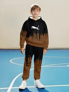 Boys' Hooded Sweatshirt Set with Sweatpants for Fall & Winter, Casual Athletic Sportswear, Durable, Fitted, Regular Length, Random Print, Hoodies