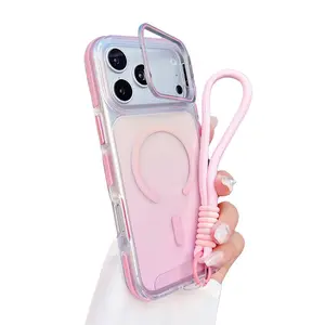Magnetic Clear Stand Case for iPhone 17 Pro Max 17 Air 16 15 14 13 Pro Max, Compatible with MagSafe, Slim Shockproof Bumper + PC Back Metal Kickstand Wrist Strap, with Camera Lens Holder