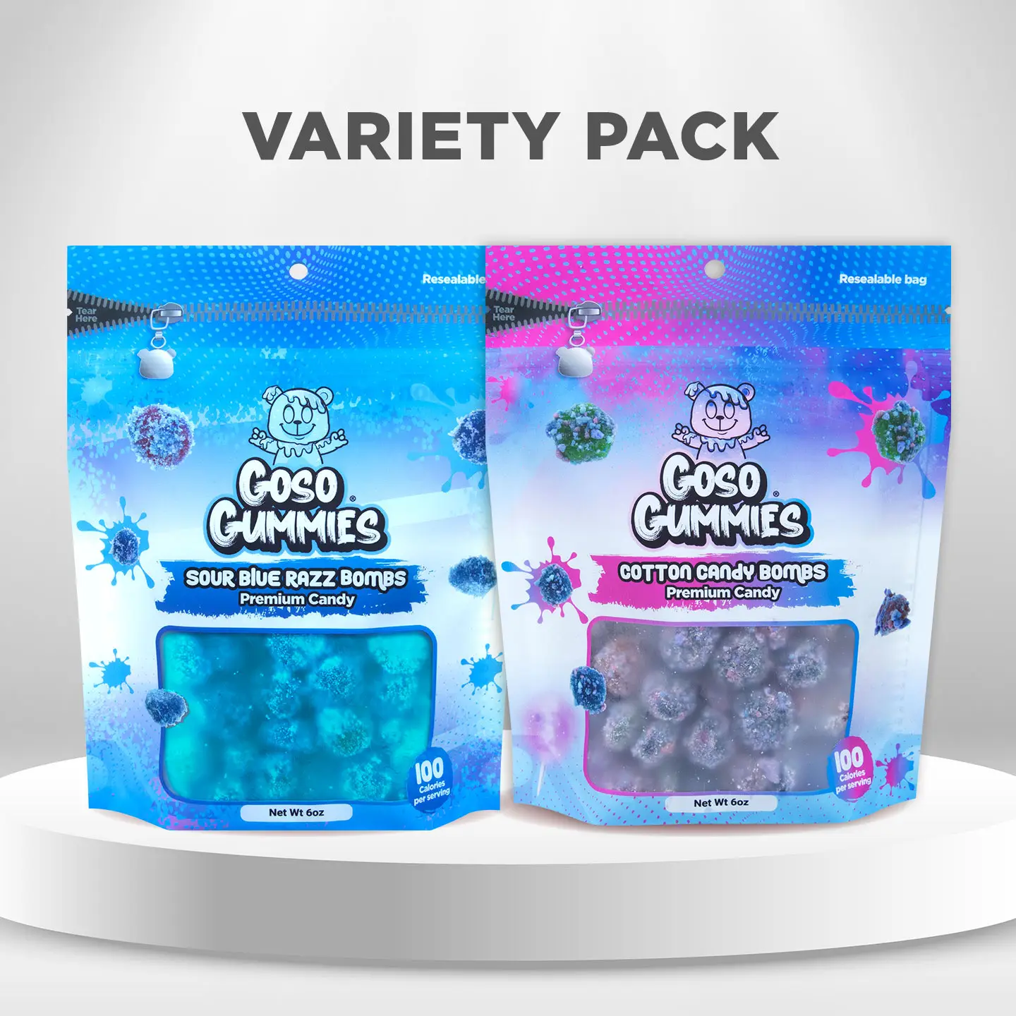 Goso Gummies Sour Blue Razz Gusher Bombs 6oz + Cotton Candy Gusher Bombs 6oz - Viral Gushers 12oz Duo Pack- Chewy Snack Sweet Sour