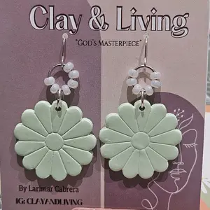 CLAYANDLIVING Light Green Flower VIOLET is her name! Polymer Clay Earrings with Pearls. Lightweight, Unique, and beautiful. God's Masterpiece by Larimar Cabrera