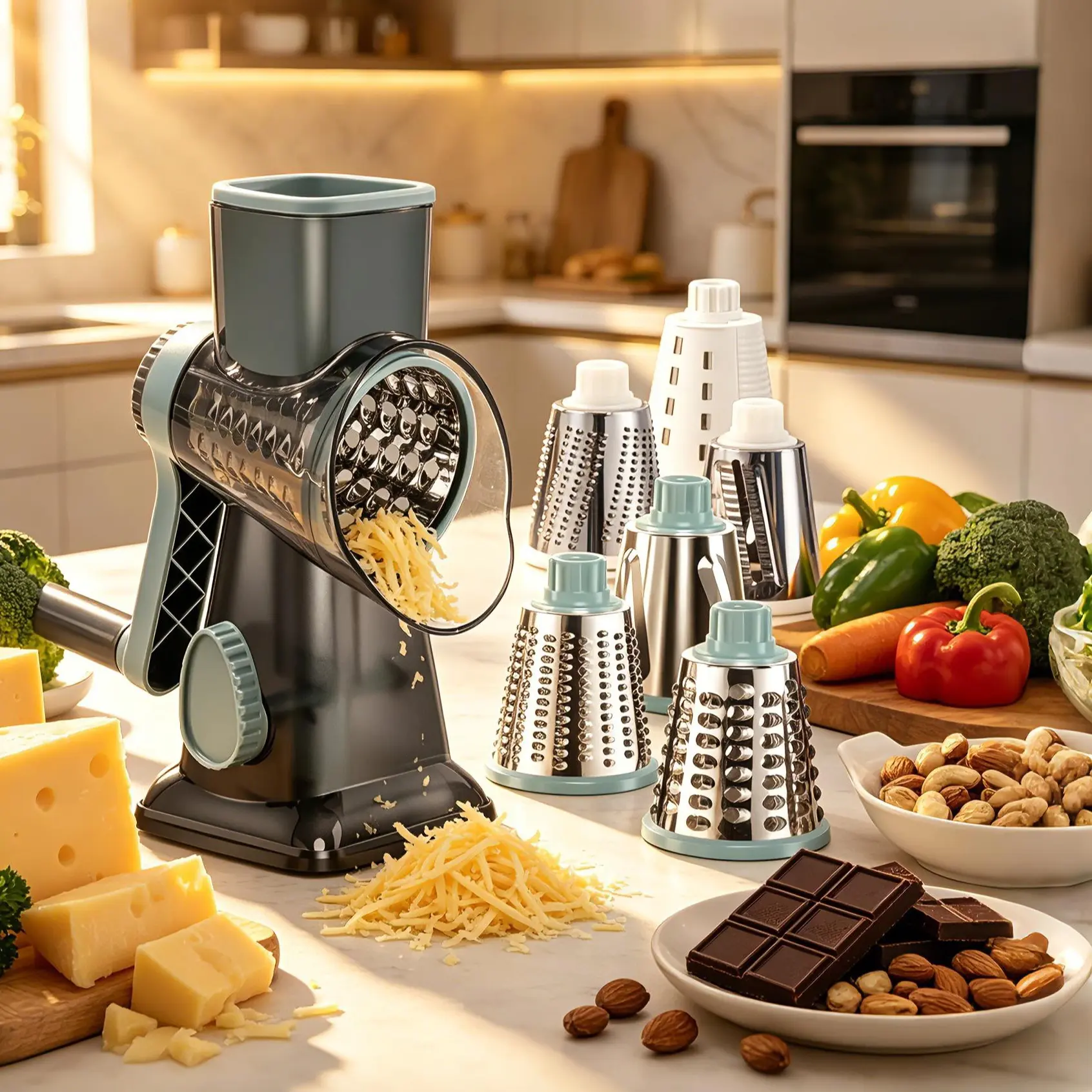 KEOUKE Hand Crank Rotary Cheese Grater - Transparent Kitchen Utensil with 3 Stainless Steel Blades, Tilted Barrel, Labor-Saving Handle, Vegetable Slicer Dicer, Nuts Slicer, 360-Degree Rotatable, Stable Suction Base,summerwins