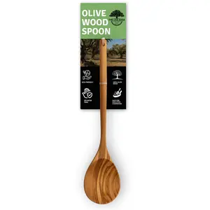 The Live Edge Olive Wood Spoon 12" Long Handle Large Wooden Spoon for Cooking Ergonomic Design Natural Grain Pattern Durable Kitchen Utensil Eco-Friendly & Safe for Cooking