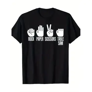 Trendy Summer Casual Wear for Men Featuring a Crew Neck Short Sleeve Tee with a Unique Digital Print of a Rock-Paper-Scissors Table Saw Design, Offering High Value, Affordable Quality, Skin-Friendly Fabric, And Quick-Dry Properties Crewneck Tshirt