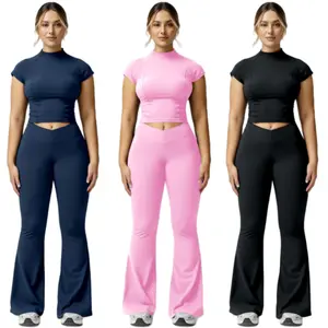 Women's Crop Tops Leggings Sets Blue Tummy Control Crew Neck Stretchy Butt Lifting Yoga Gym Pants High Fashion Riding Exercise Fitness Activewear Clothing