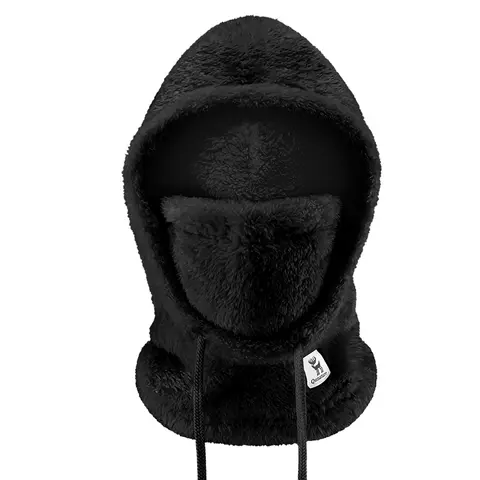 Qunature Black Balaclava Ski Mask - Modular Fleece Winter Sports Headwear, Adjustable Ventilation, Easy-Remove Liner, Skin-Friendly, Windproof, Fluffy Texture, Loose Hood, 3-Warmth, Double-Sided, Drawstring Fit, Heat-Insulating, Face+Neck+Head Coverage