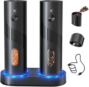 Electric Salt and Pepper Grinder Set with 2-in-1 Charging & Storage Base, Rechargeable Automatic Pepper Mill, Adjustable Coarseness, LED Light, 140ml Capacity