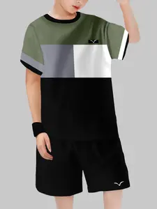 High-Functionality Military Boys' Short Sleeve Set, Cartoon Pattern, Casual Fitted Style, Crop/short Length, Trendy Design