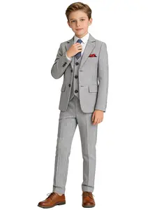 Boy Classic Herringbone Suit 4-Piece Set, Jacket + Vest + Pants + Tie, Elegant Formal Wear, Birthday, Wedding, Graduation, Stage Performance, Match Style Set, Outfit Sets