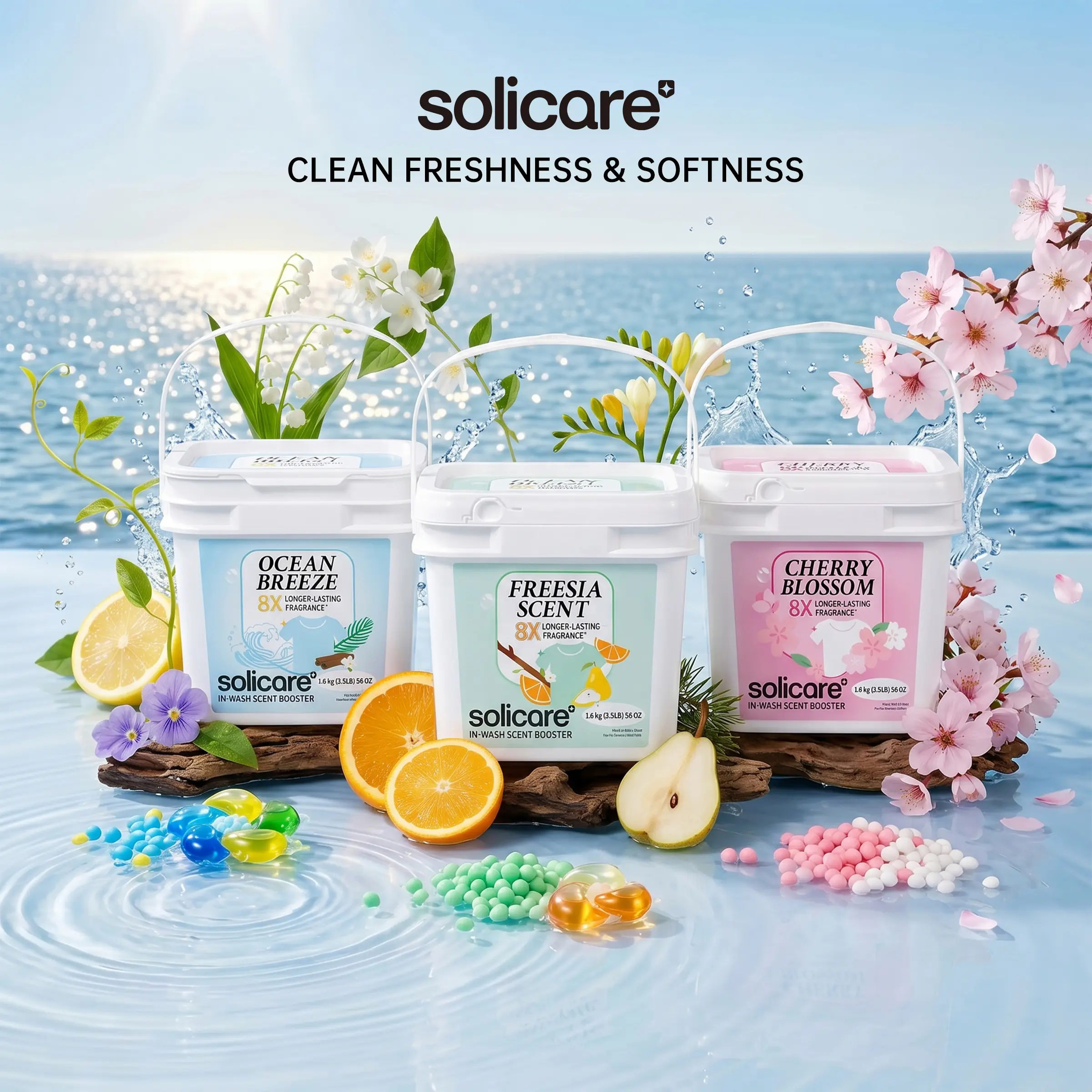 Solicare Scented Laundry Scent Booster Beads, 8X Long-Lasting Odour Control Cleaning Supplies, 1.6kg (50+ Loads), Multi-Use HE-Compatible In-Wash for All Washing Machines (3he1)