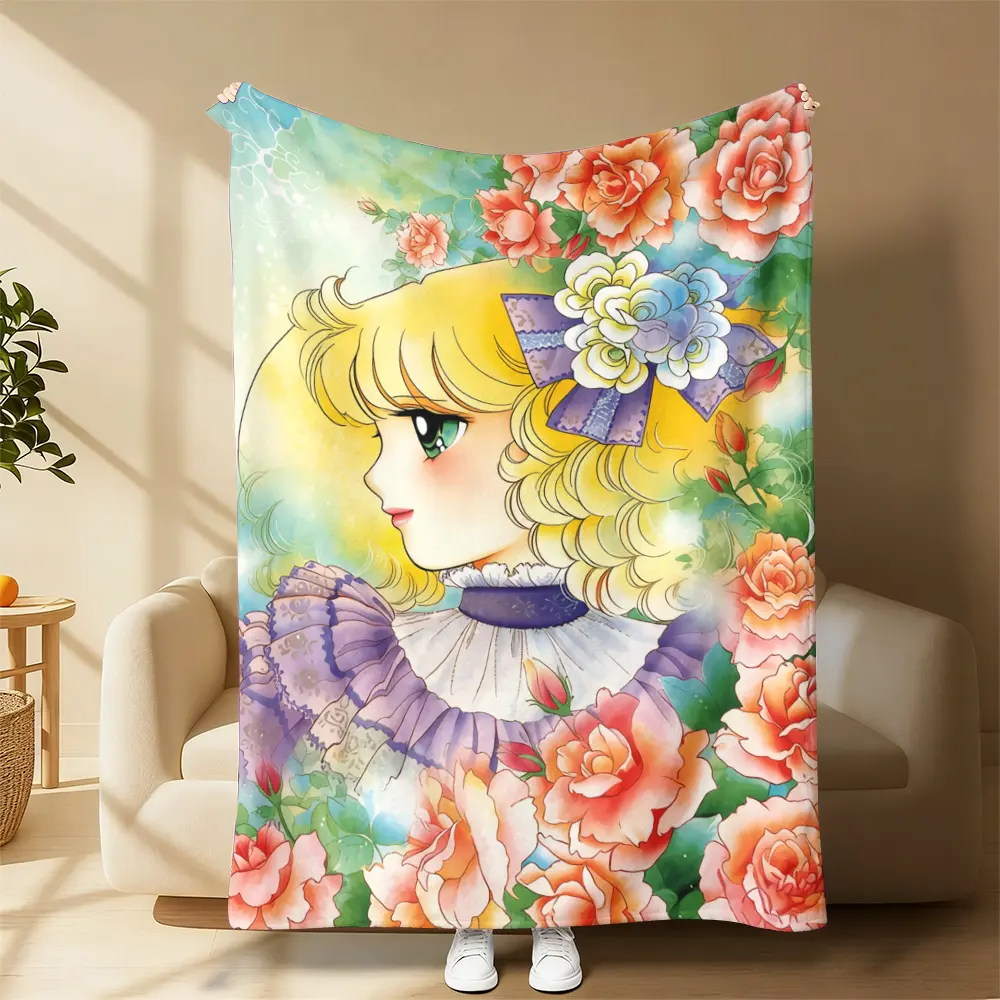 Candy Girl Design Flannel Texture Plush Blanket - Ultra Soft, All Seasons Cozy Throw Blanket for Living Room, Warm Home Decor, Sweet Gift for Kids