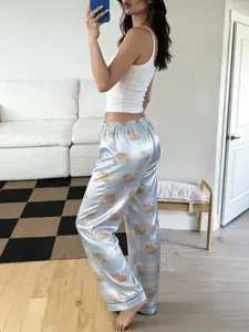 Fun Cute Teddy Bear Plaid Sleep Pants, Elastic Waist Cartoon Print Long Pants, Casual Loose Lazy Home Pants for All Seasons