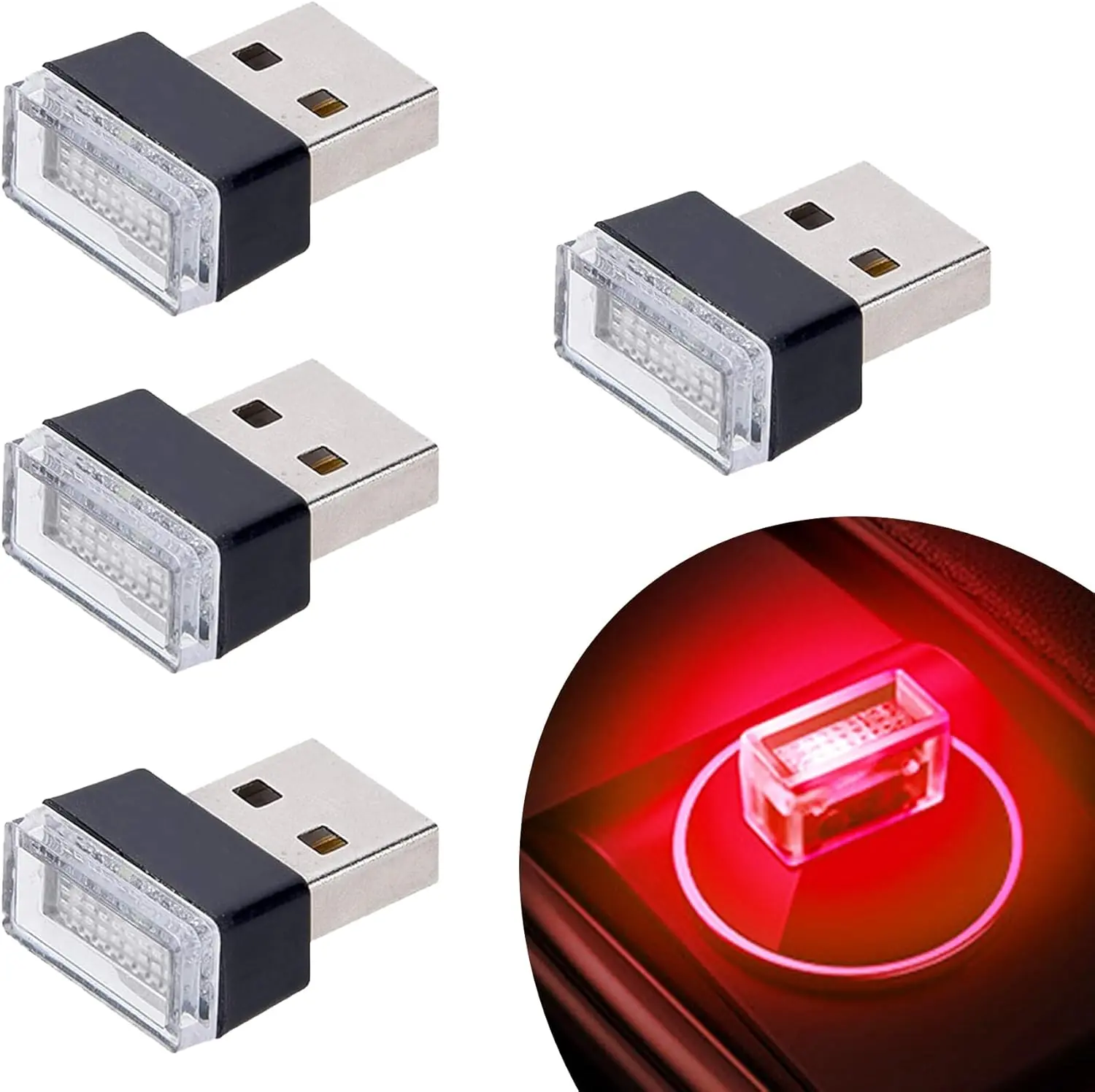 4-Count Mini LED Ambient Car Lights, Plug-In USB Eye Protection Interior Atmosphere Lamps, Portable Car Light Embellishments for USB Devices, Laptops