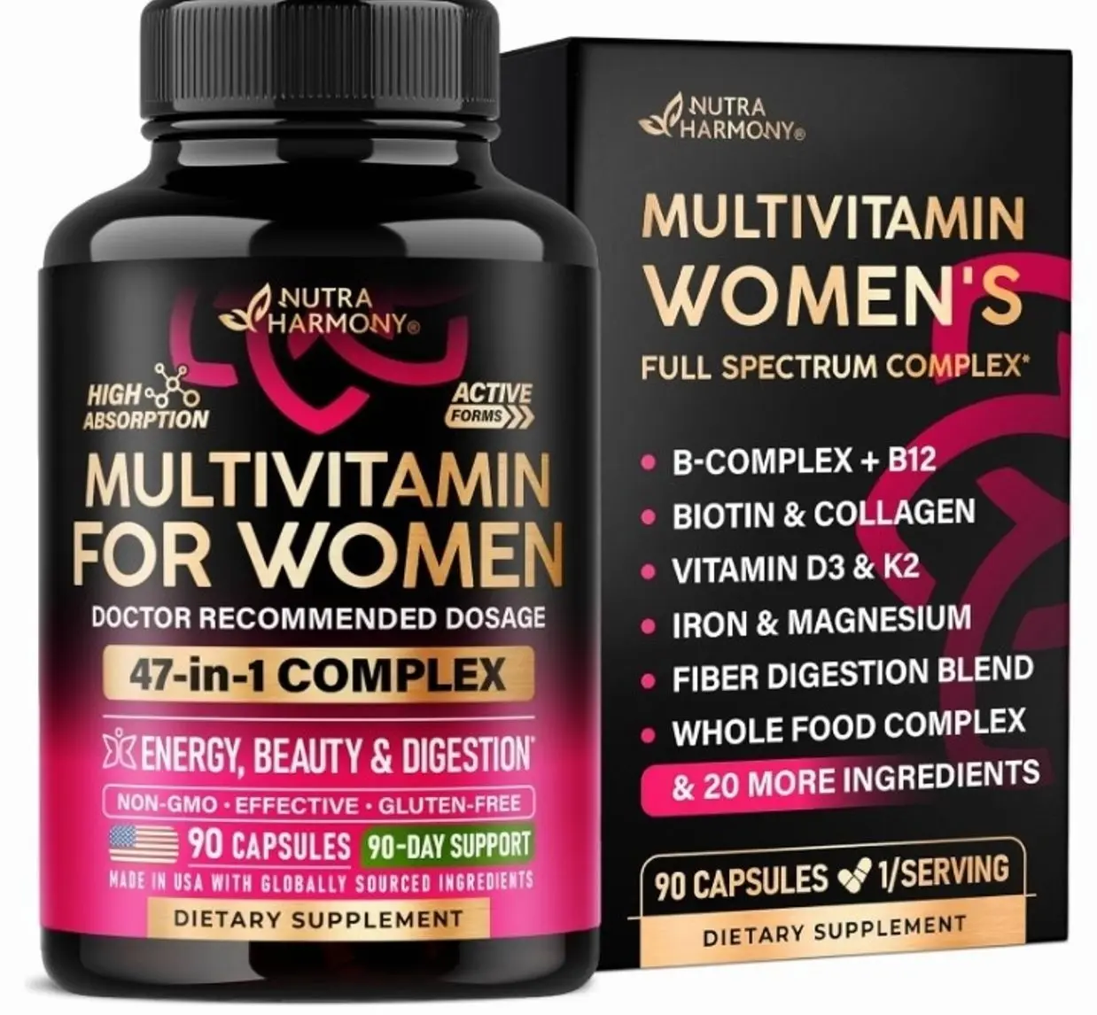 Multivitamin for Women - B-Complex | Whole Foods | Hair Growth Support | Digestion & Metabolism | Iron - 47in1 Womens Multivitamin - Bioavailable & Gentle on Stomach - 90 Capsules, 3 Month Supply