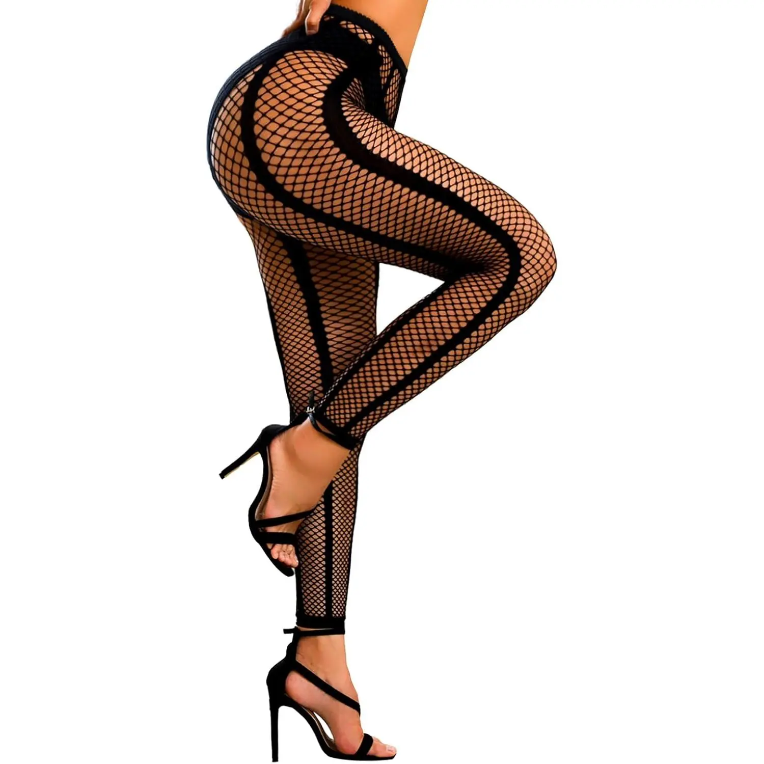 Women's Chic Striped Fishnet Lingerie Tights - Sexy Crotchless Lace Pants, Comfortable Casual Fit Bottoms with Open Legs for Party, One Size Elegant Underwear, Fashion
