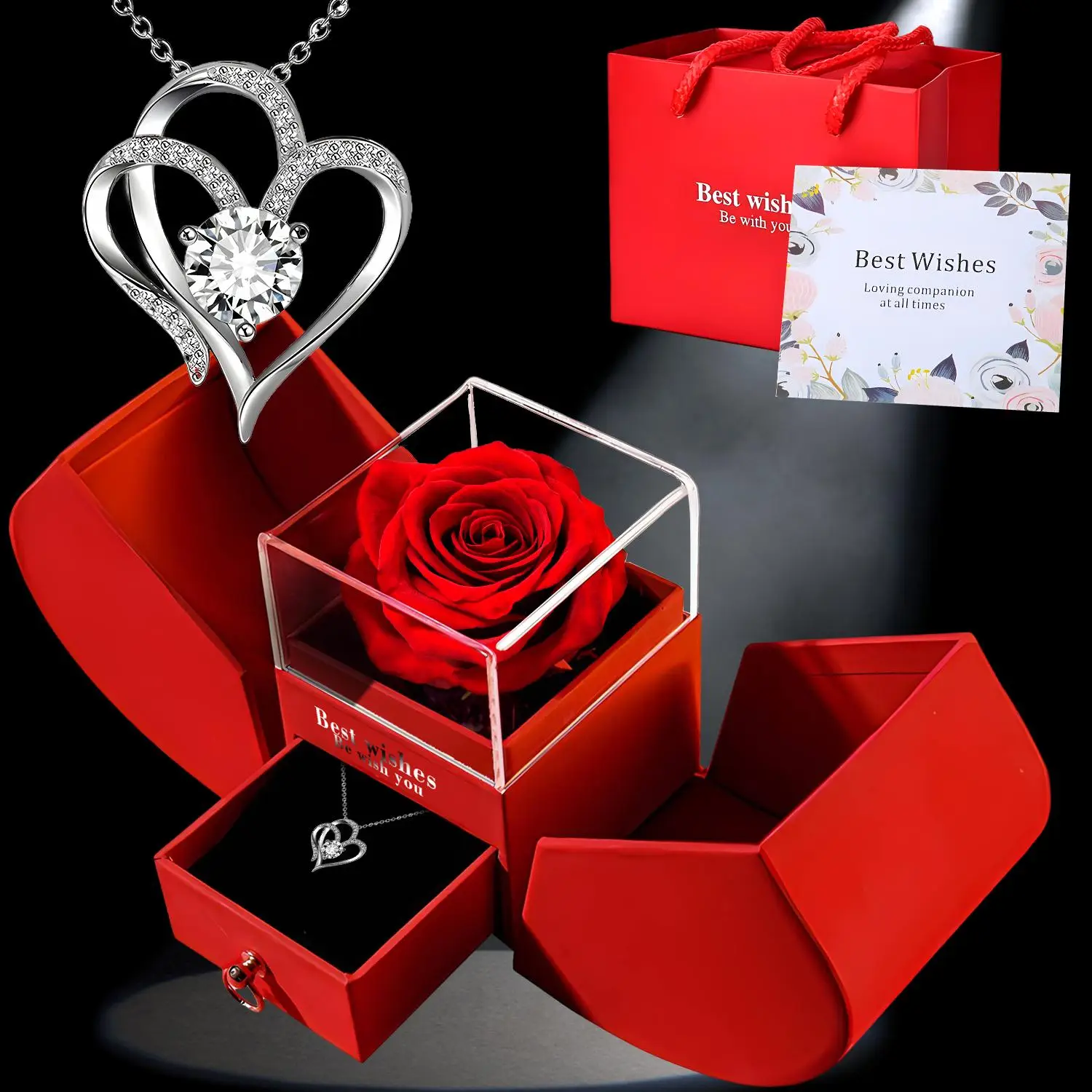 Heart Shaped Pendant Necklace with Gift Box, Anniversary Gift Rose Necklace Set for Boyfriend Gift, Girlfriend Gifts Jewelry, Luxury Gifts for Girlfr