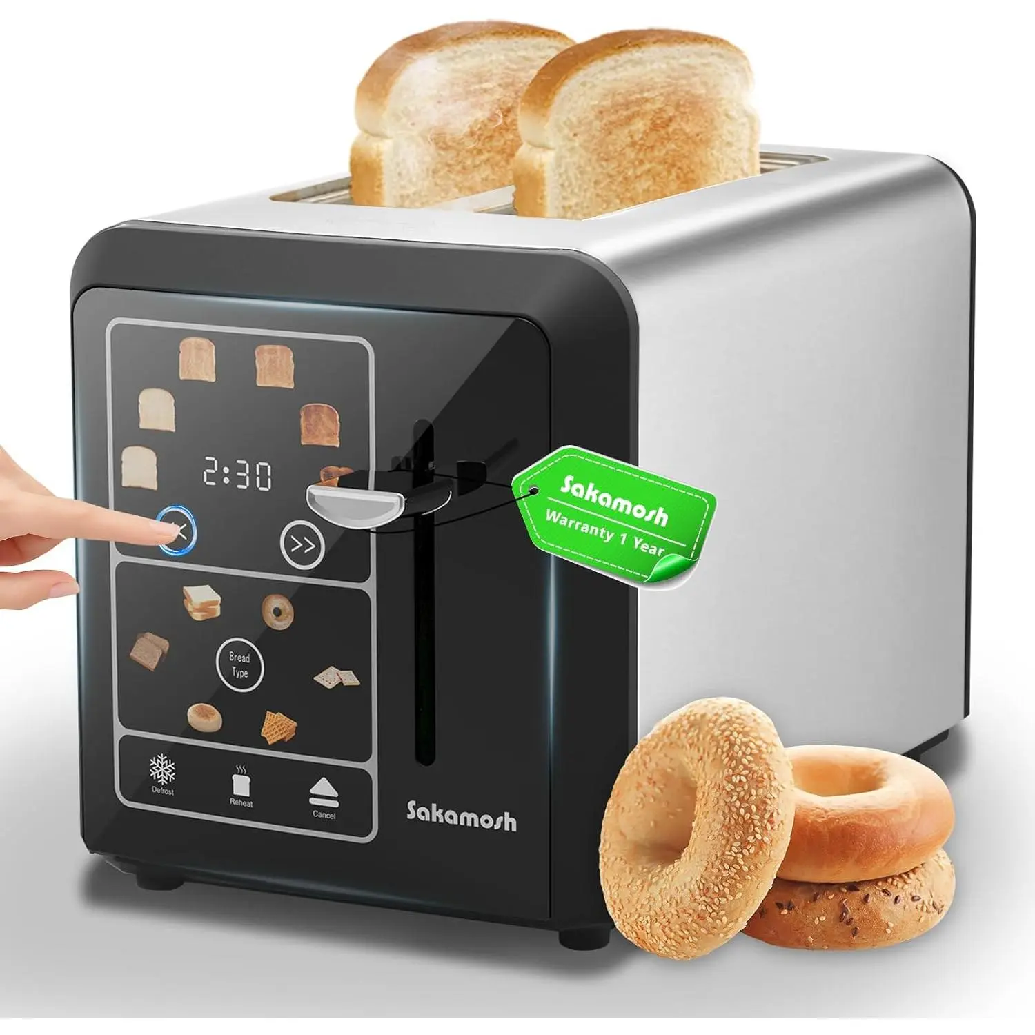 Stainless Steel 2-Slice Smart Digital Toaster (11x6 in) - 800W Power, 6 Browning Levels, 6 Bread Modes, Bagel Memory Function, Timer