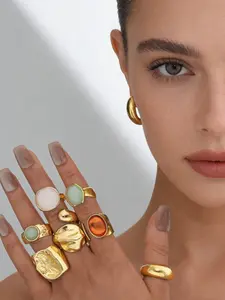 Vintage Fashion Geometric Gemstone Inlaid Ring Set, Women's Bold Metal Statement Rings, Perfect for Daily Wear and Party Jewelry Gifts