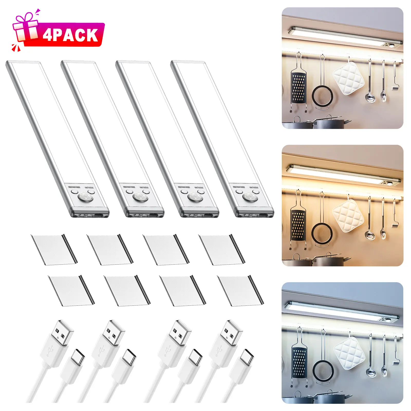 Under Cabinet Lights,76LED Motion Sensor Night Light Indoor，1500mAh USB Rechargeable Light，Magnetic Dimmable Lights for Kitchen, Stairs，Wardrobe